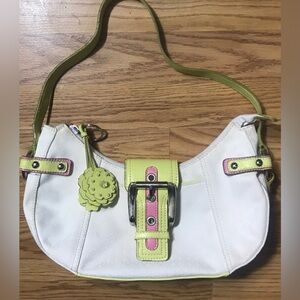 Vintage Nine West White Shoulder Tote Bag Lime green & pink faux leather accent